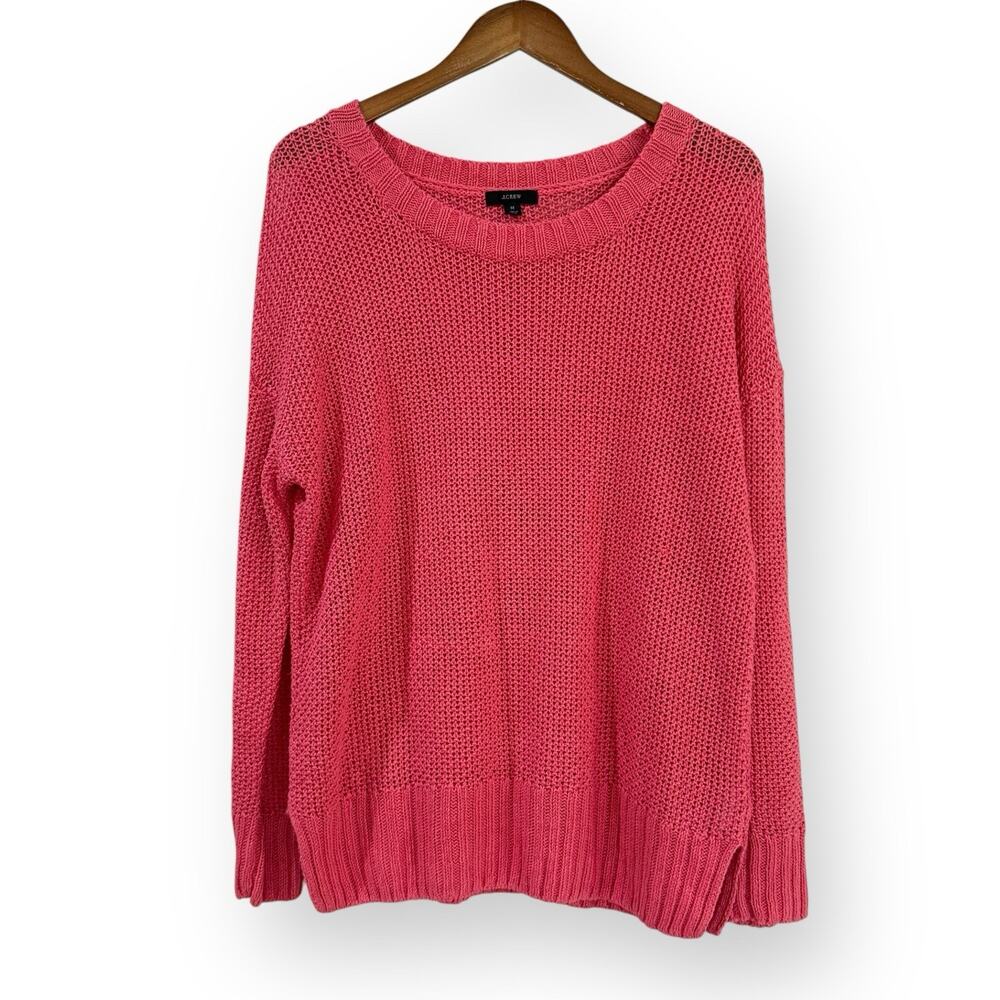 J Crew Beach 100% Linen Sweater Size M Pink Crewneck Open Knit Pullover Cover Up
